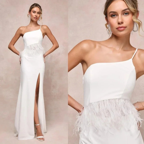 Sz L - NWOT Lulus Glam Bliss White Feather One-Shoulder Cutout Maxi Dress‎ - Picture 1 of 7